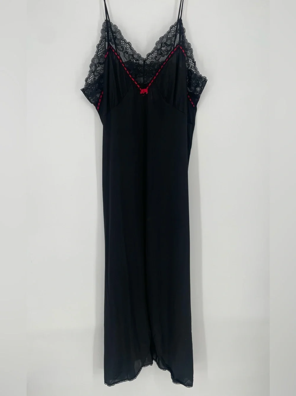 Vintage Black & Red Long Nylon Slip Nightgown Lace & Satin Ribbon Accents - Picture 2 of 13